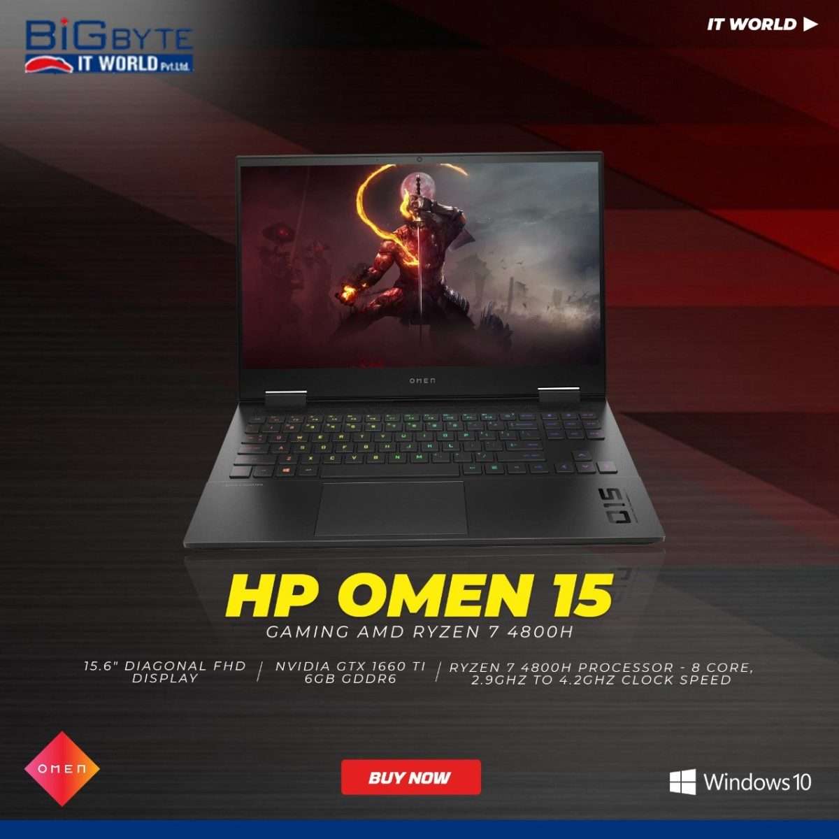 HP OMEN 15 GAMING AMD Ryzen 7 4800H, 16GB, 1TB SSD, 15.6" 144Hz, GTX 1660Ti 6GB, Windows 10 - Image 1