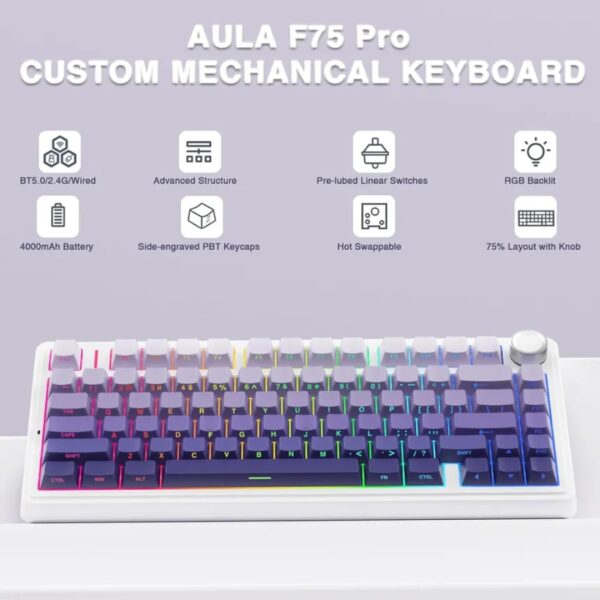 Aula F75 White Blue Purple mechanical keyboard.