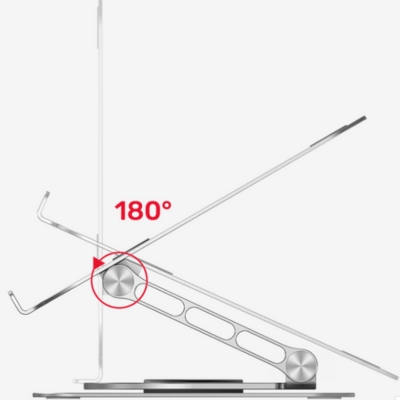 Space grey aluminum laptop stand with 360° rotation, providing stability and ergonomic support for laptops.