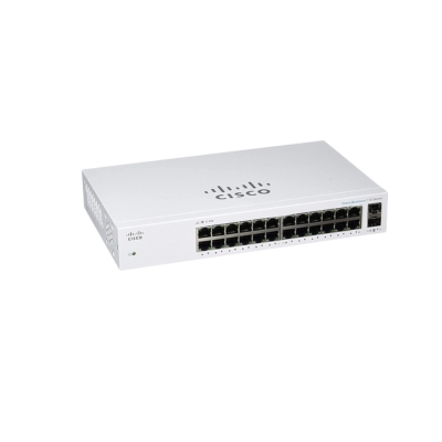 Cisco Business CBS110-24T rack-mount switch with 24 GE ports and 2 shared 1G SFP slots, providing simple plug-and-play networking without configuration.