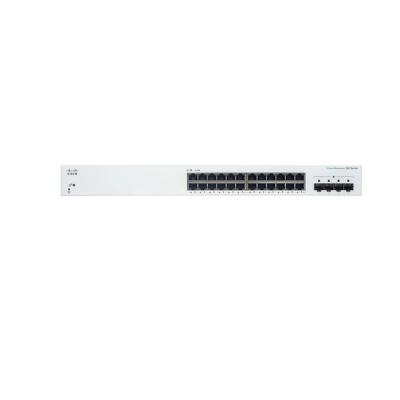 Cisco Business CBS220-24P-4G switch with rack-mount form factor, 24 GE PoE ports, and 4×1G SFP uplinks for flexible and scalable business networking.