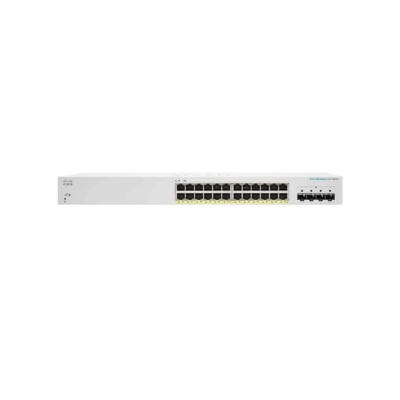 Cisco Business CBS220-24FP-4G switch with rack-mount design, 24 GE PoE ports, and 4×1G SFP uplinks for flexible business networking.