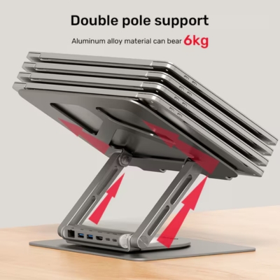 power delivery. D1109A 360° laptop stand with multiport hub for seamless connectivity and ergonomic workstation adjustment.