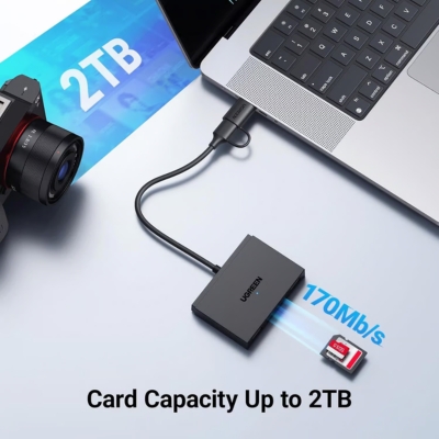 UGREEN 45167 multifunction card reader offering fast TF/SD access and two USB-A 3.0 ports.