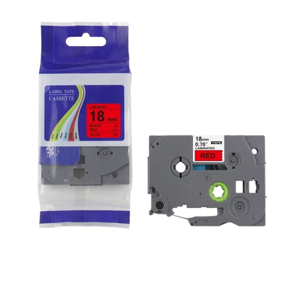 Brother TZE-441 label tape, 18mm wide, black text on red background for bold and highly visible labeling.