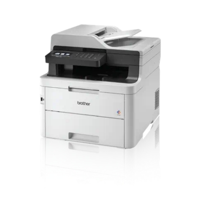 Brother MFC-L3750CDW 4-in-1 color laser printer with 24 PPM, duplex printing, 50-sheet ADF, 9.9cm color LCD, and wired/Wi-Fi connectivity.