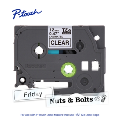 Brother TZE-131 label tape featuring black text on clear background, 12mm width, compatible with Brother P-touch label printers.
