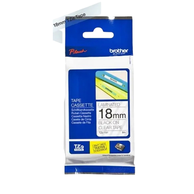 Durable Brother TZE-141 label tape with sharp black lettering on a transparent surface, perfect for smooth and flat items.