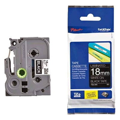 Brother TZE-345 label tape, 18mm wide, white text on black background for clear, high-contrast labeling.