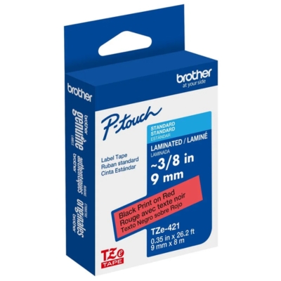 Brother TZE-421 black on red labeling tape, 9mm wide, ideal for warning and high-visibility labels.