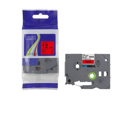 Brother TZE-431 label tape, 12mm wide, black text on red background for bold and attention-grabbing labels.