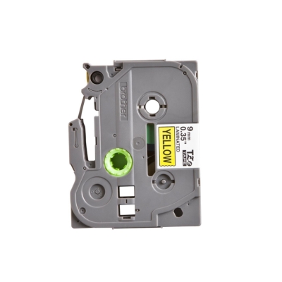 Brother TZE-621 label tape with black text on yellow background, 9mm width, compatible with Brother P-touch label printers.