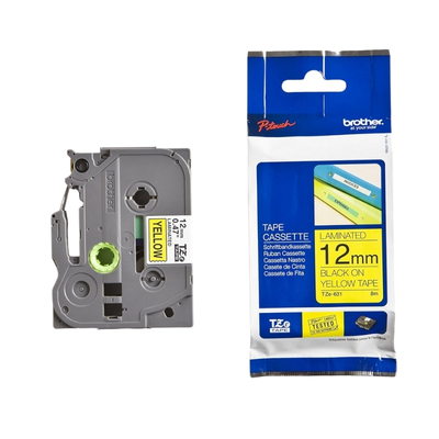 Brother TZE-631 label tape, 12mm wide, black text on yellow background for high visibility labeling.