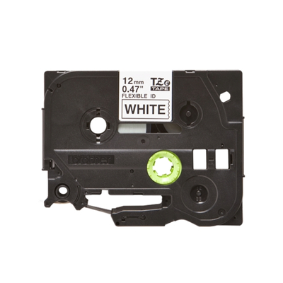Brother TZE-FX231 flexible ID label tape, 12mm wide, black text on white background, designed for curved surfaces and cables.