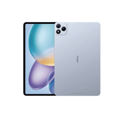 Front and side view of the Infinix X-Pad 20 Pro tablet featuring a large 12-inch IPS LCD display, slim bezels, and sleek metal unibody design with 4 GB RAM and 128 GB internal storage.