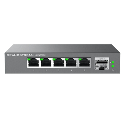 GWN7700M Multi-Gig Ethernet switch by GRANDSTREAM, offering 5 high-speed 2.5 GigE ports and an SFP+ port for fiber connectivity, ideal for fast data transfer.