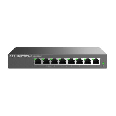 Grandstream GWN7701P unmanaged 8-port Gigabit switch with 4 PoE ports, providing plug-and-play power and connectivity for IP devices and small networks.