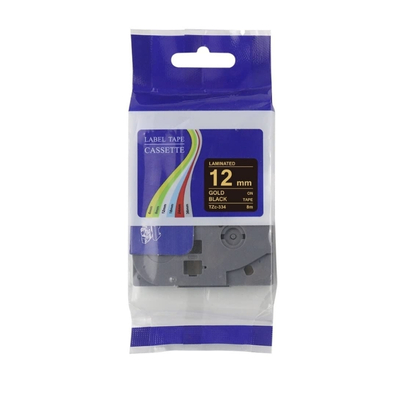 Brother TZE-334 label tape, 12mm wide, gold text on black background for a premium and professional look.