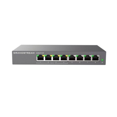 Grandstream GWN7711P Layer 2-Lite 8-port managed switch with 4 PoE/PoE+ or 24VDC outputs for powering connected devices like access points and cameras.