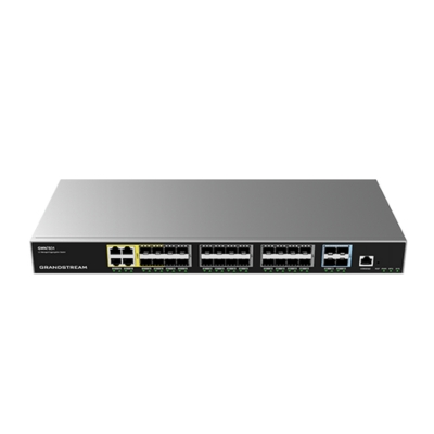 Grandstream GWN7831 Layer 3 aggregation switch with 20 SFP ports, 4 SFP/GigE combo, 4 SFP+, and redundant PSU for enterprise network backbone.