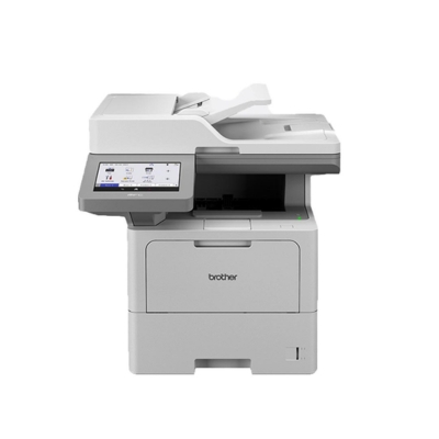 Brother MFC-L6910DN mono laser multifunction printer with duplex, ADF, NFC, colour touchscreen, and fast 50 PPM printing.