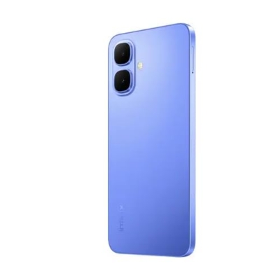 Infinix Smart 10 Android 15 smartphone laid flat highlighting the full-screen display and side-mounted fingerprint sensor, powered by Unisoc T7250 and 4GB RAM with 64GB expandable storage.