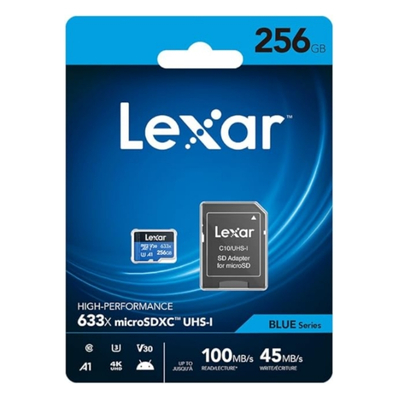 Lexar LSDMI256BBNL633A MicroSD card with 256GB storage capacity for smartphones, cameras, and other devices.