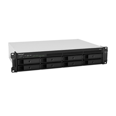 Front view of Synology RackStation RS1221+ 8-bay 2U rackmount NAS showing eight hot-swappable drive bays, status LEDs, and compact server design.