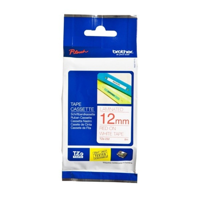 Brother TZE-232 label tape, 12mm wide, red text on white background for clear and eye-catching labeling.