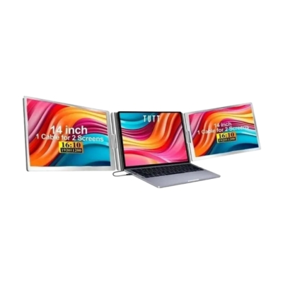Dual 14-inch portable monitor system with a slim and lightweight design, ideal for professionals, students, and remote workers.