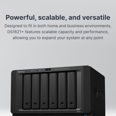 Synology DiskStation DS1621+ 6-bay NAS with expansion and M.2 slots, offering scalable, high-speed storage and efficient file management for home or office networks.