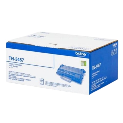 Brother TN-3467 toner cartridge with 12,000-page yield, compatible with select Brother laser printers for high-volume printing.