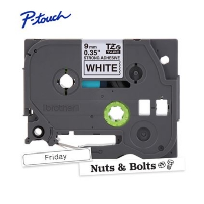 Brother TZE-S221 label tape with black text on white background, 9mm width, featuring strong adhesive for durable labeling.