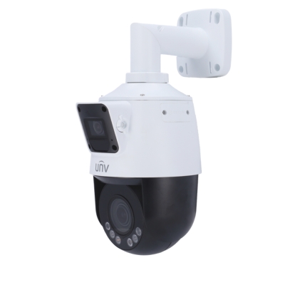UNV 2MP Dual-Lens PTZ Dome Camera featuring 4X optical zoom, Micro SD support, built-in microphone, Warm IR night vision up to 30m, and IK10 vandal resistance.