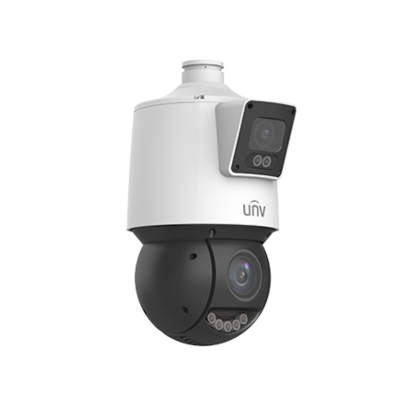 UNV 4MP Dual-Lens PTZ Security Camera designed for perimeter and wide-area surveillance, offering 25X zoom, Warm IR 100m range, audio recording, and robust IK10 housing.