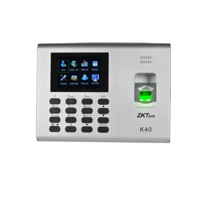 ZKTeco Advanced K40 Pro biometric access control device supporting fingerprint, PIN code, and card authentication with built‑in battery backup for continuous operation.