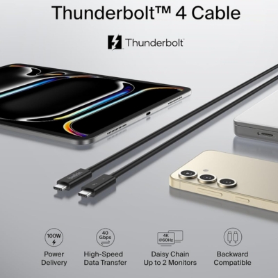 Belkin Thunderbolt 4 USB-C Active Cable 2M (INZ002bt2MBK) supporting 40Gbps data transfer, 100W Power Delivery, and high-resolution display connectivity.