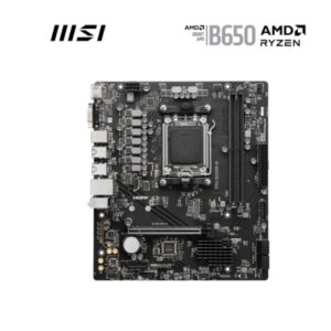 MSI PRO B650M-B AMD motherboard supporting AM5 CPUs, dual DDR5 memory modules, M.2 Gen4 SSD slot, and 2.5G LAN for fast wired data transfer.
