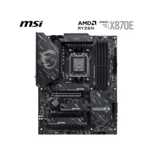 MSI X870E Gaming Plus Wi-Fi ATX motherboard featuring AMD AM5 socket, four DDR5 memory slots, dual M.2 Gen5/Gen4 SSD support, Wi-Fi 7, and USB4 for high-speed gaming and professional connectivity.