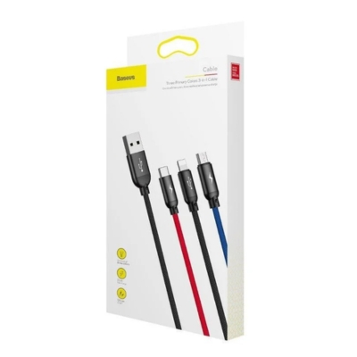 Baseus Fabric 3-in-1 Flexible USB Cable (CRLJT-01) in red, 1.2m long, supporting 3.5A fast charging for multiple devices.