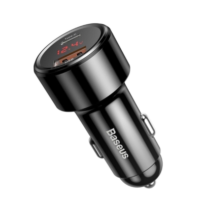 Baseus Magic Series PPS Car Charger (CCMLC20C-01) featuring a built-in digital display for real-time voltage monitoring.