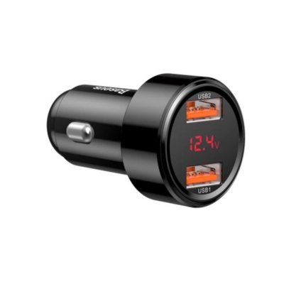 Close-up of Baseus Magic Series Dual QC Car Charger, compact and sleek design, optimized for fast and safe charging of smartphones and tablets while driving.