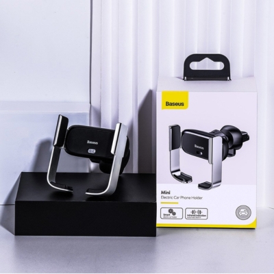 Baseus black electric car phone holder with stable grip and compact design for dashboard or air vent installation.