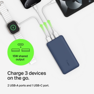 Blue Belkin BoostCharge 10,000mAh power bank with 15W USB-C output for fast and reliable portable charging.
