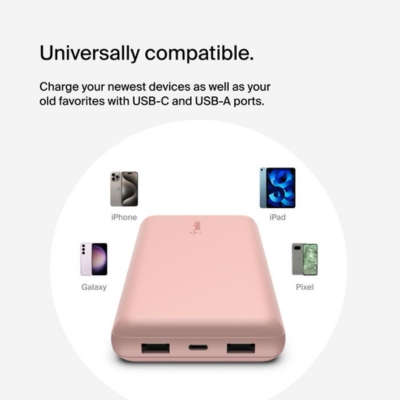 Rose gold Belkin BoostCharge 20,000mAh power bank with 15W USB-C output for reliable portable charging.