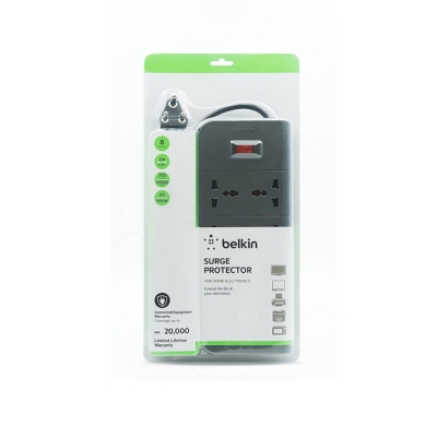 Belkin Surge Protector 8-Outlet with 2M cord (F9E800zb2M-GRY) in grey, designed to protect electronics from power surges.