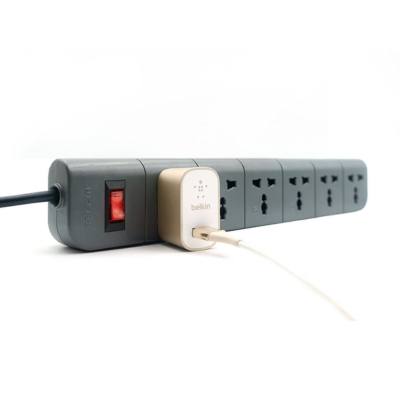 Belkin Surge Protector 6-Outlet with 2M cord (F9E600zb2M-GRY) in grey, designed to safeguard electronics from power surges.