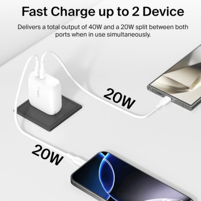 White Belkin BoostCharge Dual USB-C wall charger with 40W Power Delivery for fast charging two devices simultaneously.