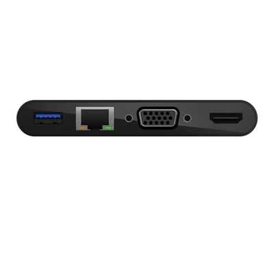 Belkin USB-C 5-in-1 Adapter (AVC004btBK) in black with GBE, HDMI, VGA, USB-A ports, and 100W PD for versatile connectivity.