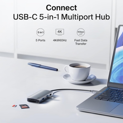 Belkin USB-C 5-in-1 Adapter (AVC007btSGY) in grey with HDMI, SD card, MicroSD, and 2 USB ports for versatile device connectivity.